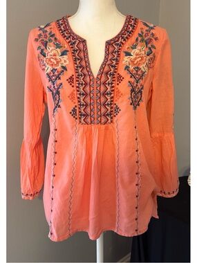 Johnny Was Embroidered Coral Tunic Top Boho Silk Blend Bell Sleeve Size S